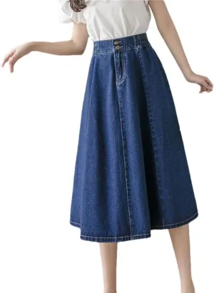 Women's Vintage Long Denim A-Line Skirt High Elastic Waist Loose Swing Style Streetwear for Autumn