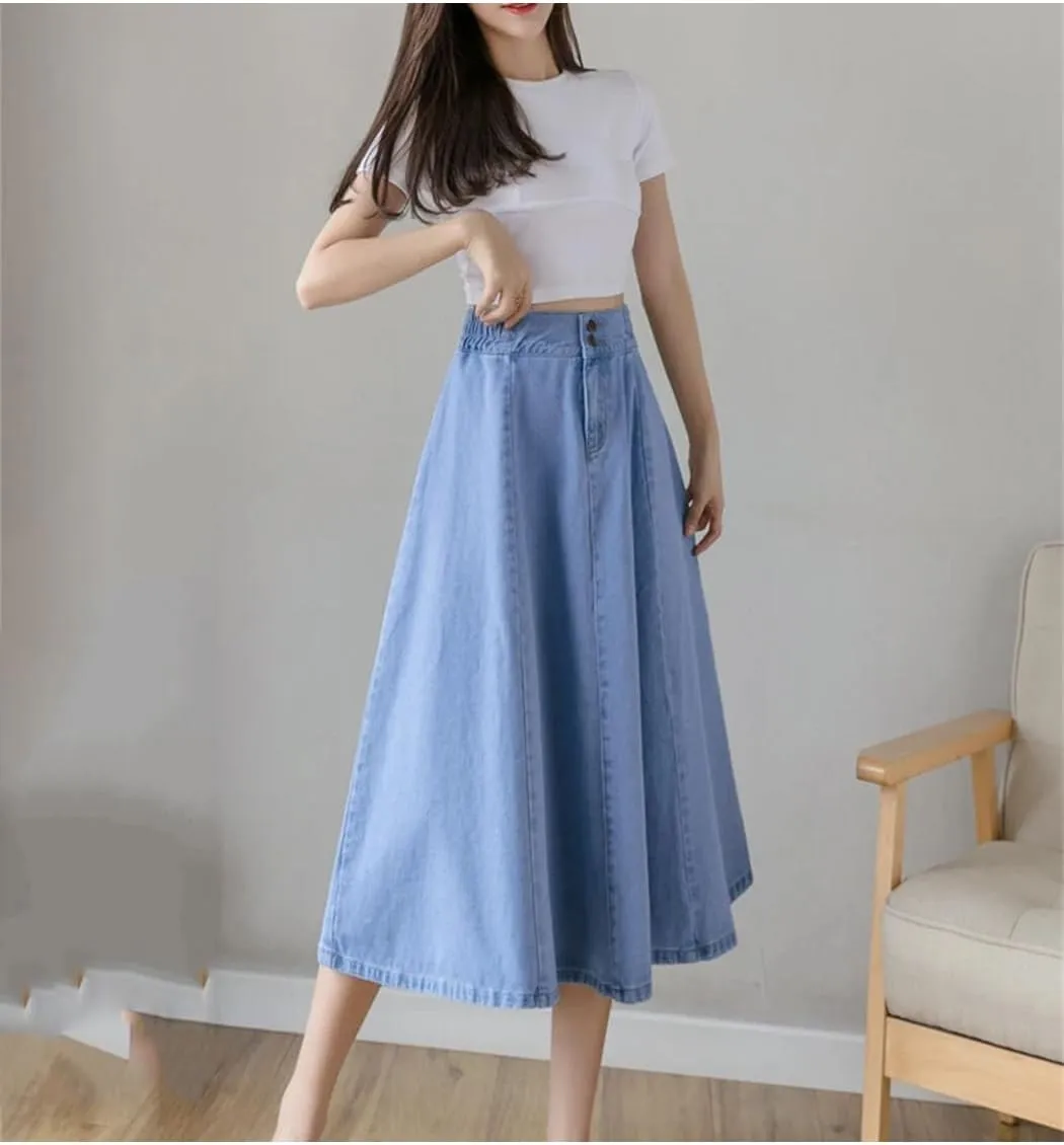 Women's Vintage Long Denim A-Line Skirt High Elastic Waist Loose Swing Style Streetwear for Autumn