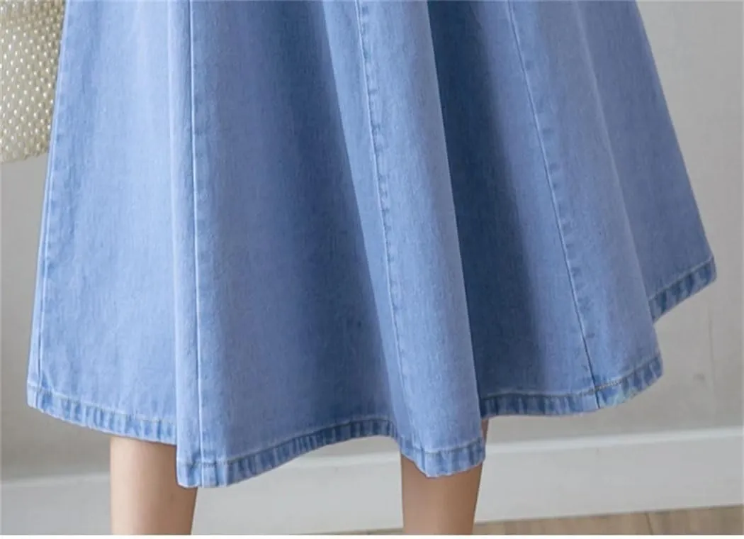 Women's Vintage Long Denim A-Line Skirt High Elastic Waist Loose Swing Style Streetwear for Autumn