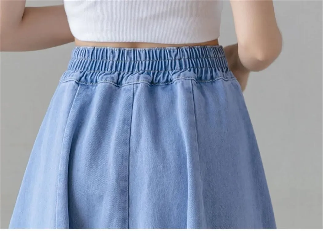 Women's Vintage Long Denim A-Line Skirt High Elastic Waist Loose Swing Style Streetwear for Autumn