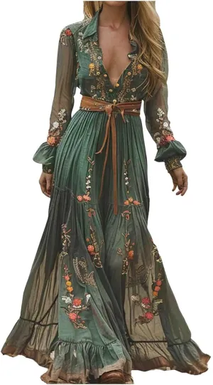 Women's Vintage Pastoral Flower Long Dress Sexy V-Neck Long Sleeve Summer Western Dresses Fall Casual Maxi Dresses