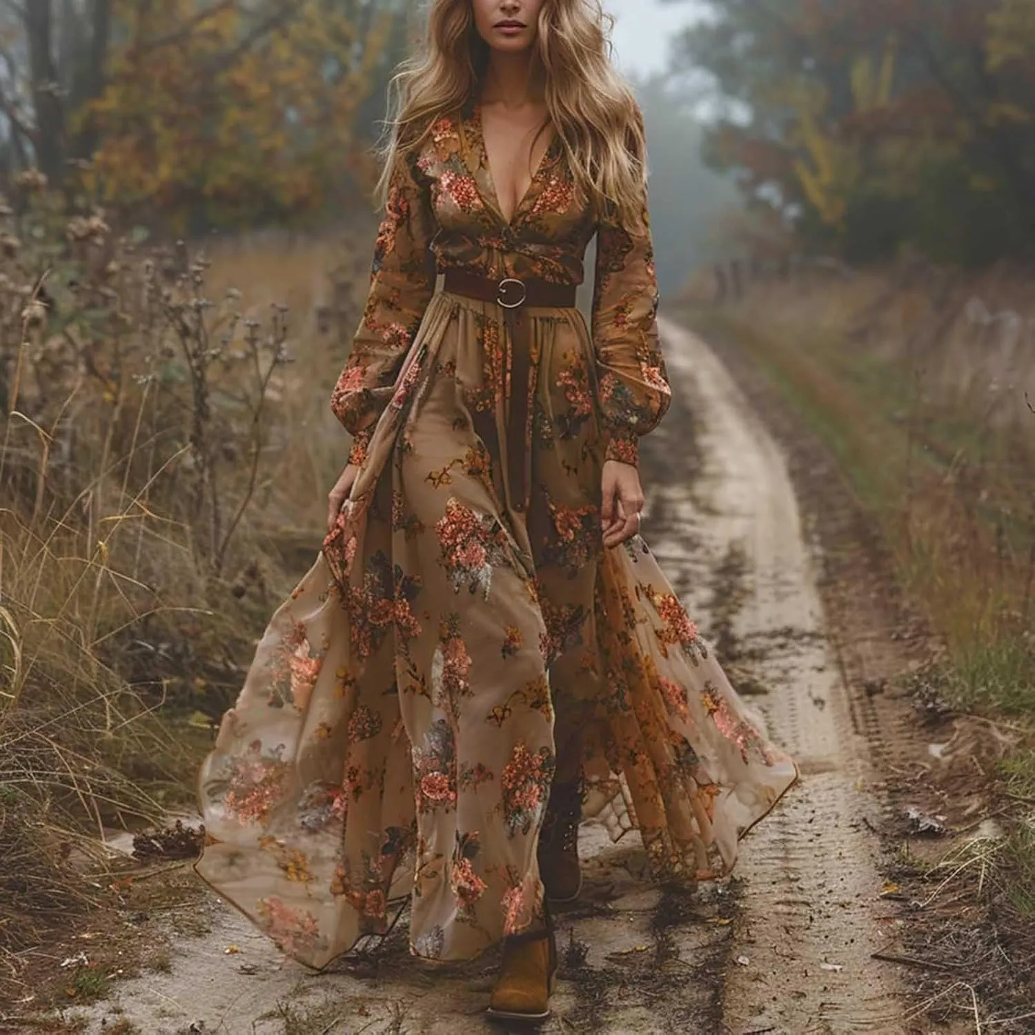 Women's Vintage Pastoral Flower Long Dress Sexy V-Neck Long Sleeve Summer Western Dresses Fall Casual Maxi Dresses