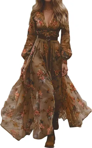 Women's Vintage Pastoral Flower Long Dress Sexy V-Neck Long Sleeve Summer Western Dresses Fall Casual Maxi Dresses