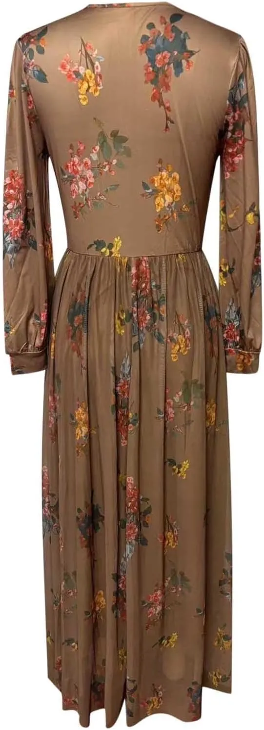 Women's Vintage Pastoral Flower Long Dress Sexy V-Neck Long Sleeve Summer Western Dresses Fall Casual Maxi Dresses