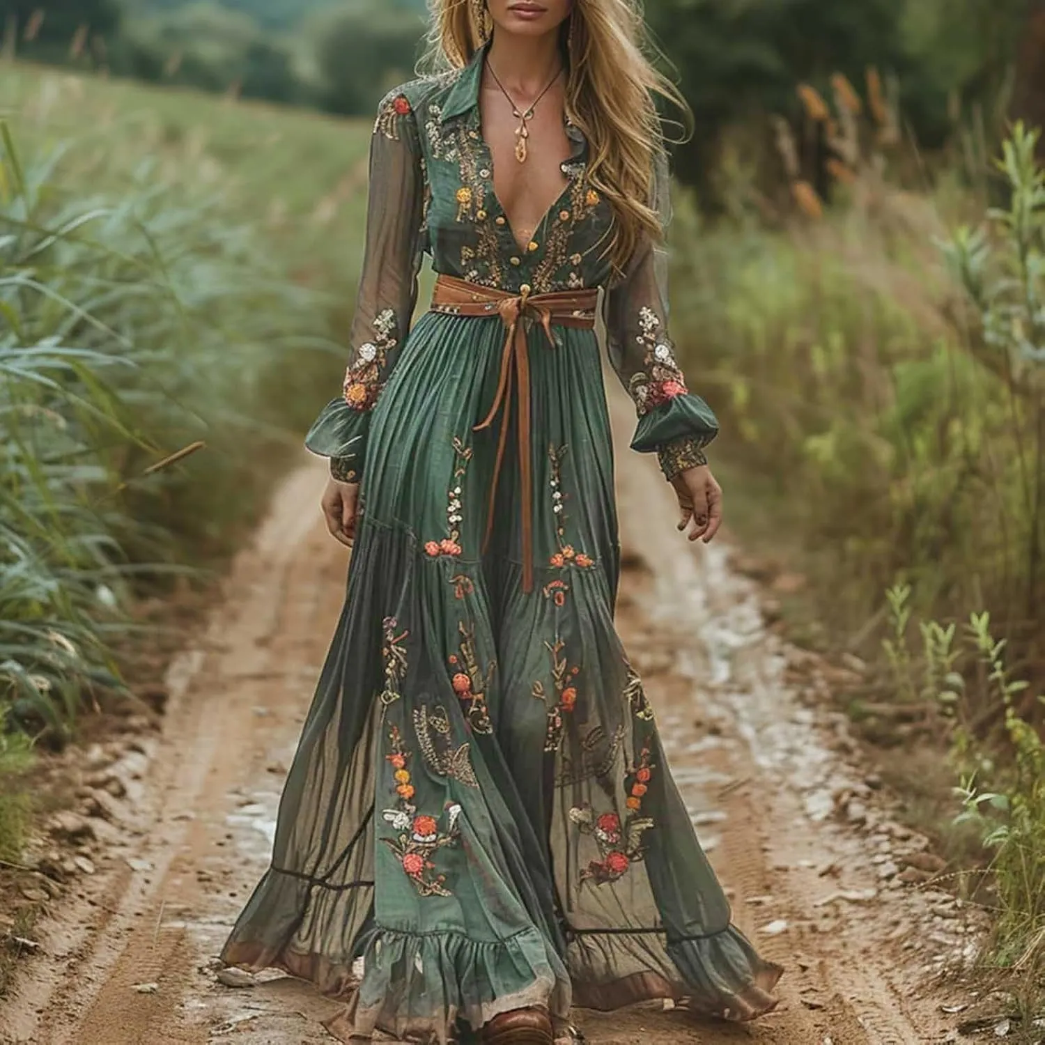 Women's Vintage Pastoral Flower Long Dress Sexy V-Neck Long Sleeve Summer Western Dresses Fall Casual Maxi Dresses