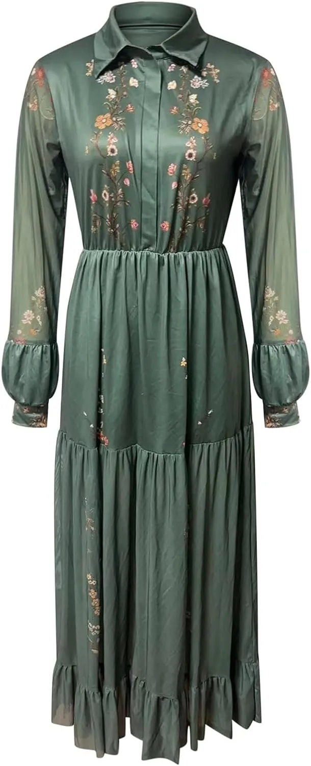 Women's Vintage Pastoral Flower Long Dress Sexy V-Neck Long Sleeve Summer Western Dresses Fall Casual Maxi Dresses