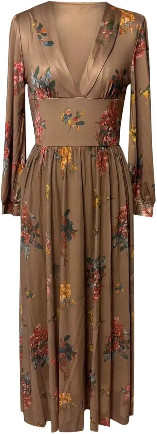 Women's Vintage Pastoral Flower Long Dress Sexy V-Neck Long Sleeve Summer Western Dresses Fall Casual Maxi Dresses