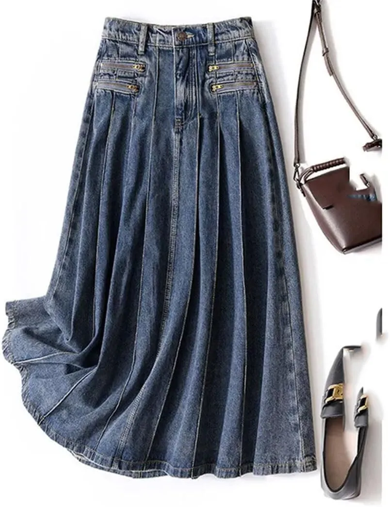 Women's Vintage Pleated Denim A-Line Skirt Mid Length Zipper High Waist Ankle-Length Casual Skirt