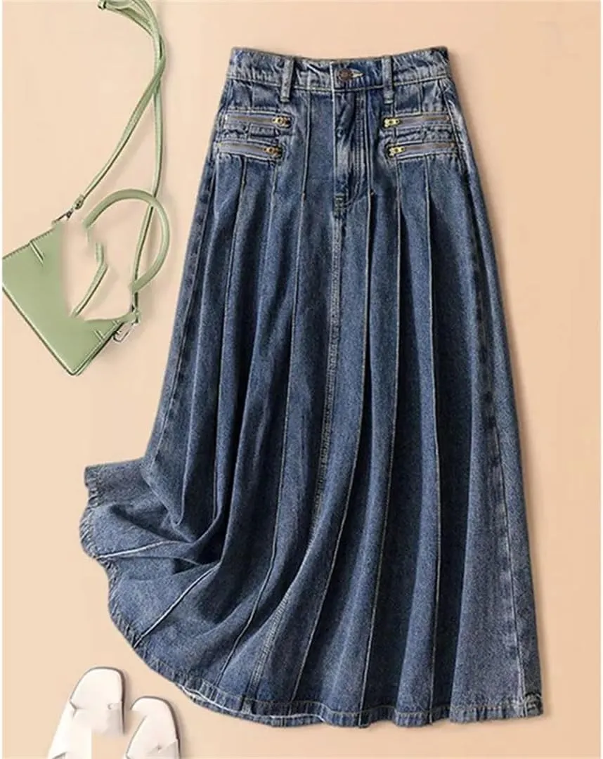 Women's Vintage Pleated Denim A-Line Skirt Mid Length Zipper High Waist Ankle-Length Casual Skirt