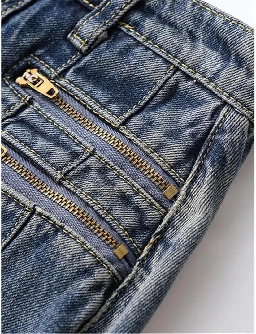 Women's Vintage Pleated Denim A-Line Skirt Mid Length Zipper High Waist Ankle-Length Casual Skirt