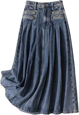 Women's Vintage Pleated Denim A-Line Skirt Mid Length Zipper High Waist Ankle-Length Casual Skirt