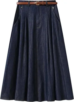 Women's Vintage Slim Fit Denim A-Line Skirt High Waist Pleated Mid-Calf Hollow Out Casual Skirt