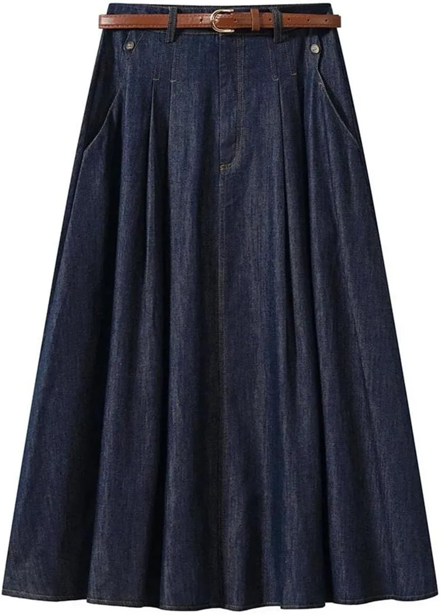 Women's Vintage Slim Fit Denim A-Line Skirt High Waist Pleated Mid-Calf Hollow Out Casual Skirt