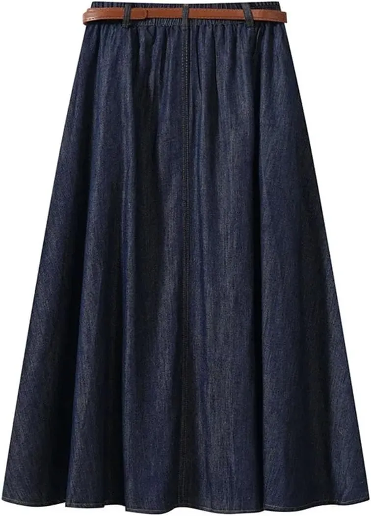 Women's Vintage Slim Fit Denim A-Line Skirt High Waist Pleated Mid-Calf Hollow Out Casual Skirt