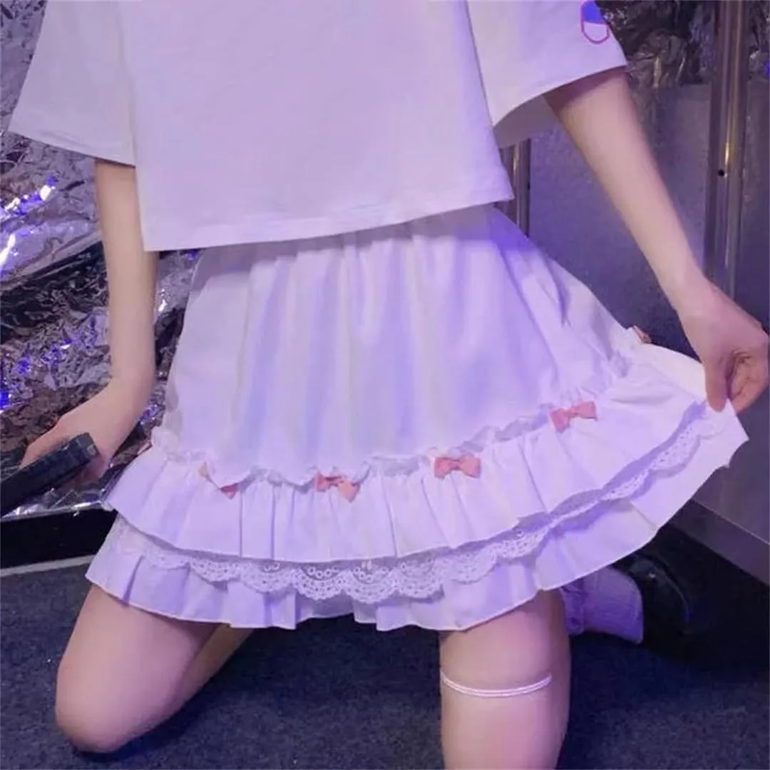 Women's White Mini Skirt Japanese Ruffled Lace Skirt Bow Patchwork High Waist Pleated Skirt