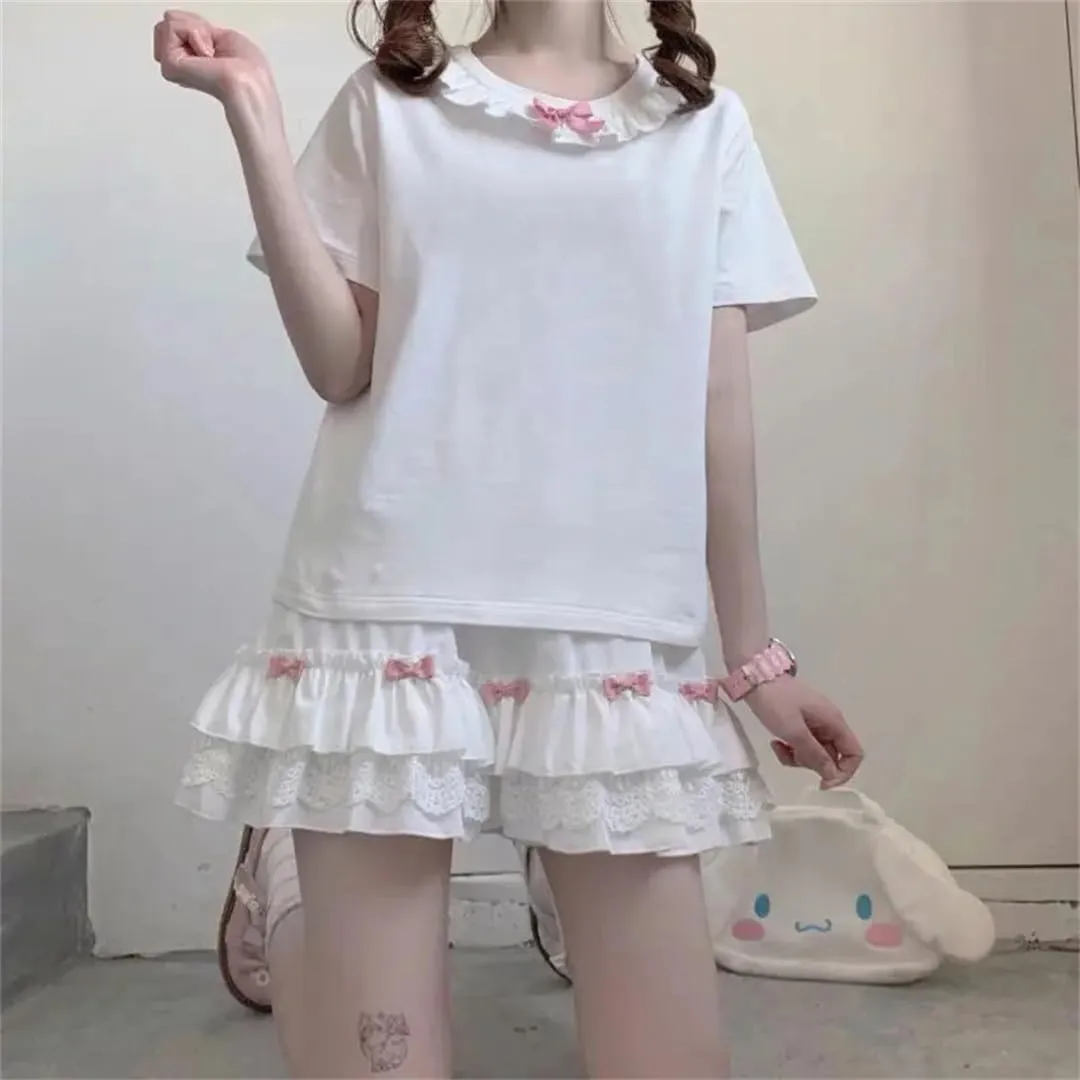 Women's White Mini Skirt Japanese Ruffled Lace Skirt Bow Patchwork High Waist Pleated Skirt