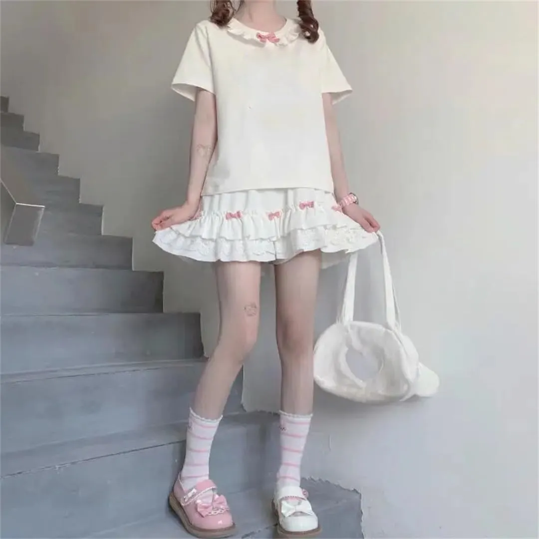 Women's White Mini Skirt Japanese Ruffled Lace Skirt Bow Patchwork High Waist Pleated Skirt