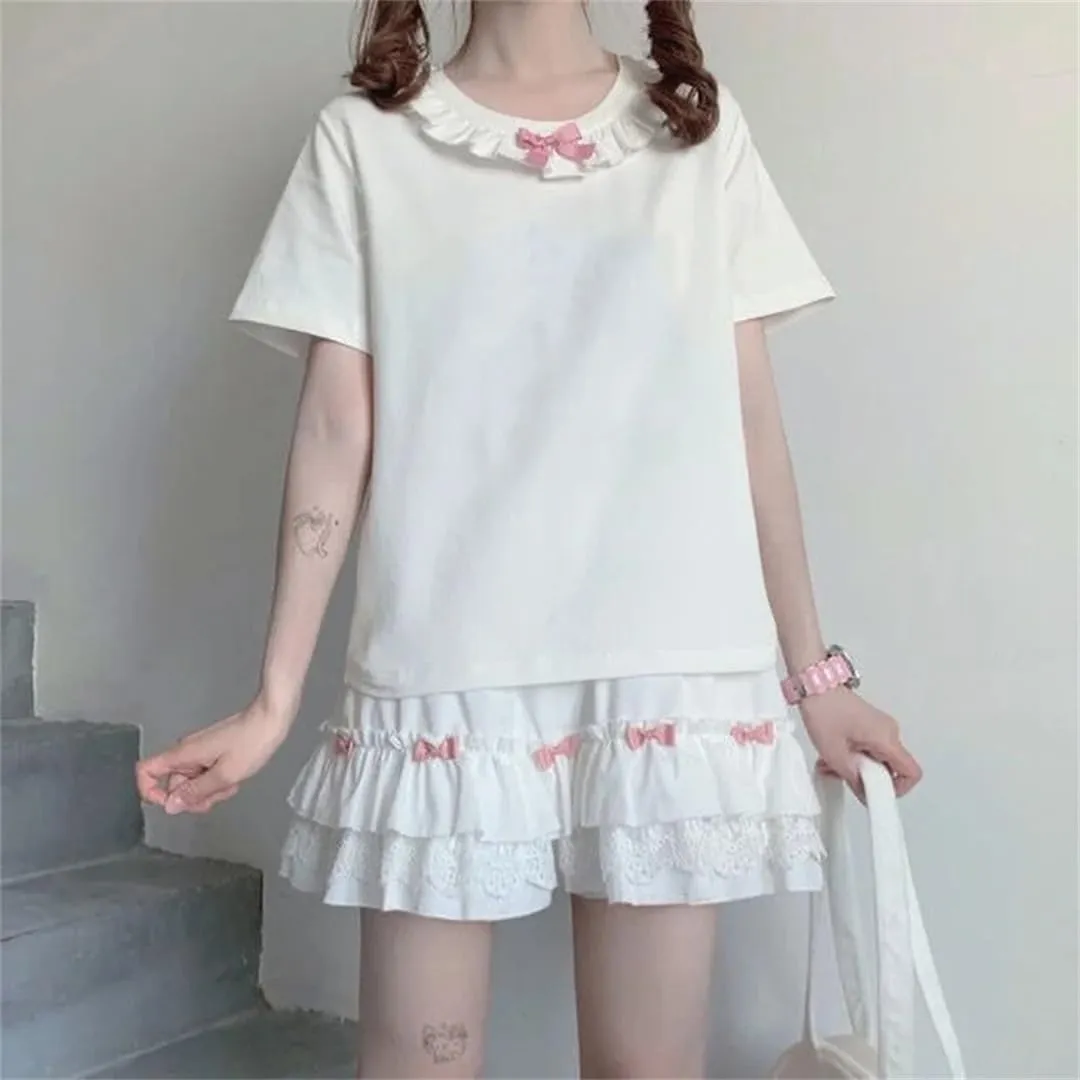 Women's White Mini Skirt Japanese Ruffled Lace Skirt Bow Patchwork High Waist Pleated Skirt