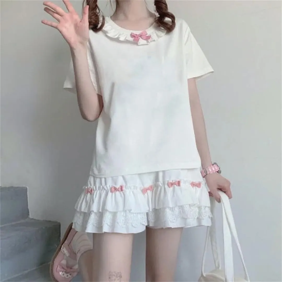 Women's White Mini Skirt Japanese Ruffled Lace Skirt Bow Patchwork High Waist Pleated Skirt