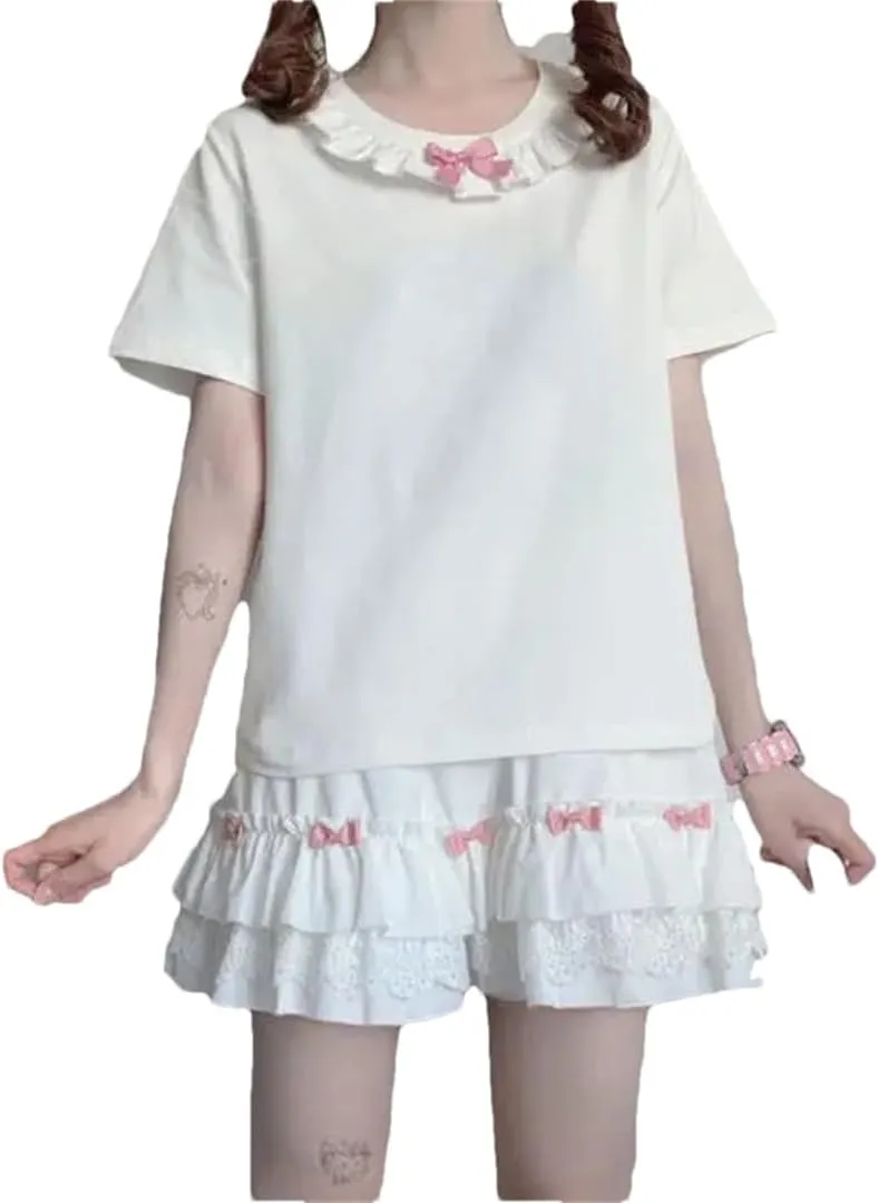 Women's White Mini Skirt Japanese Ruffled Lace Skirt Bow Patchwork High Waist Pleated Skirt