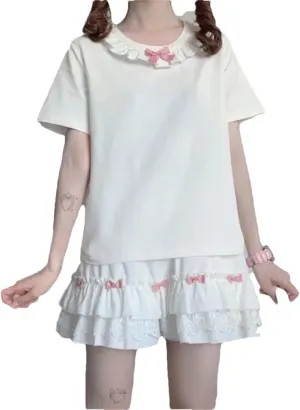 Women's White Mini Skirt Japanese Ruffled Lace Skirt Bow Patchwork High Waist Pleated Skirt