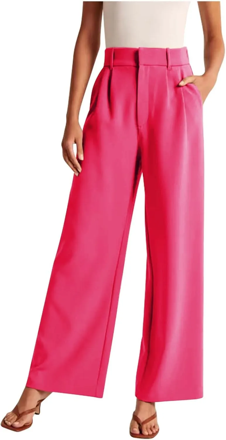 Women's Wide Leg Suit Pants High Waisted Business Work Pants Trousers Trendy Long Straight Pants with Pockets