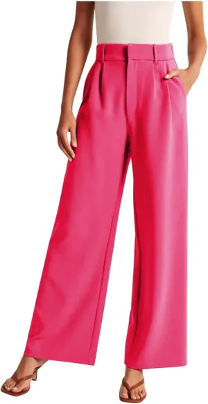 Women's Wide Leg Suit Pants High Waisted Business Work Pants Trousers Trendy Long Straight Pants with Pockets