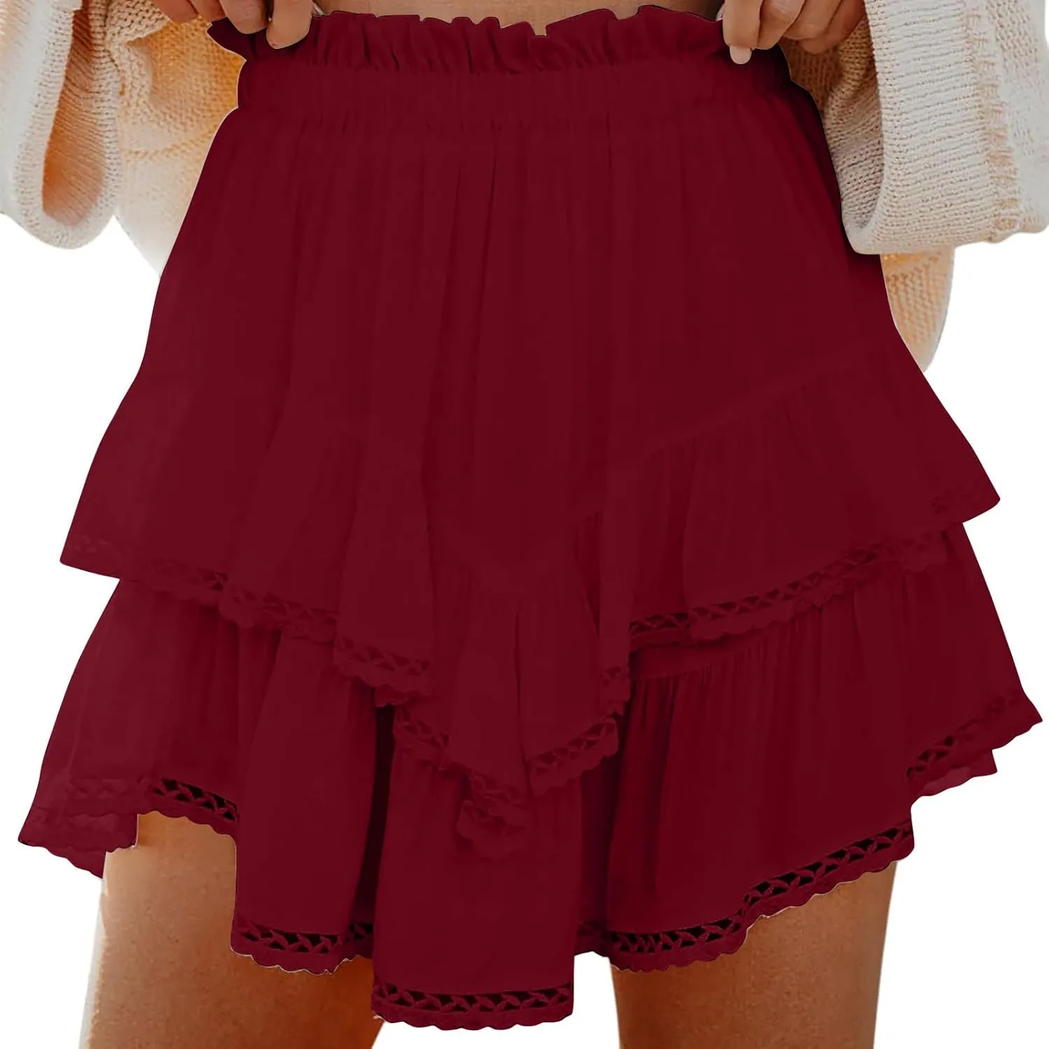 Womens Y2K High Waist Mini Skirt Lace Trim Tiered Ruffle Hem Cute Cake Skirts Summer Casual Loose Short Flared Skirt