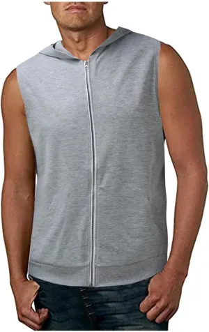 Workout Sleeveless Shirts for Men Zip Up Cotton Gym Hoodie T-Shirts Athletic Training Muscle Cut Off Hooded Tank Tops Gray