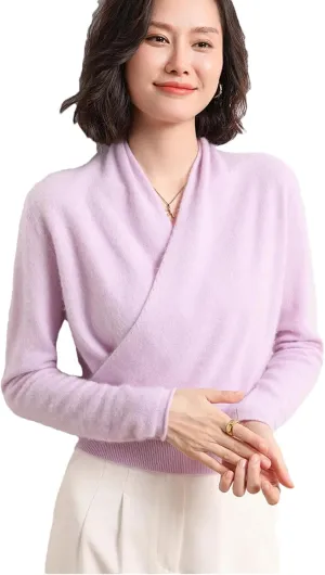 Wvapzxx 100% Solid Goat Cashmere Sweater Women V-Neck Knitted Pullover Sweater Winter