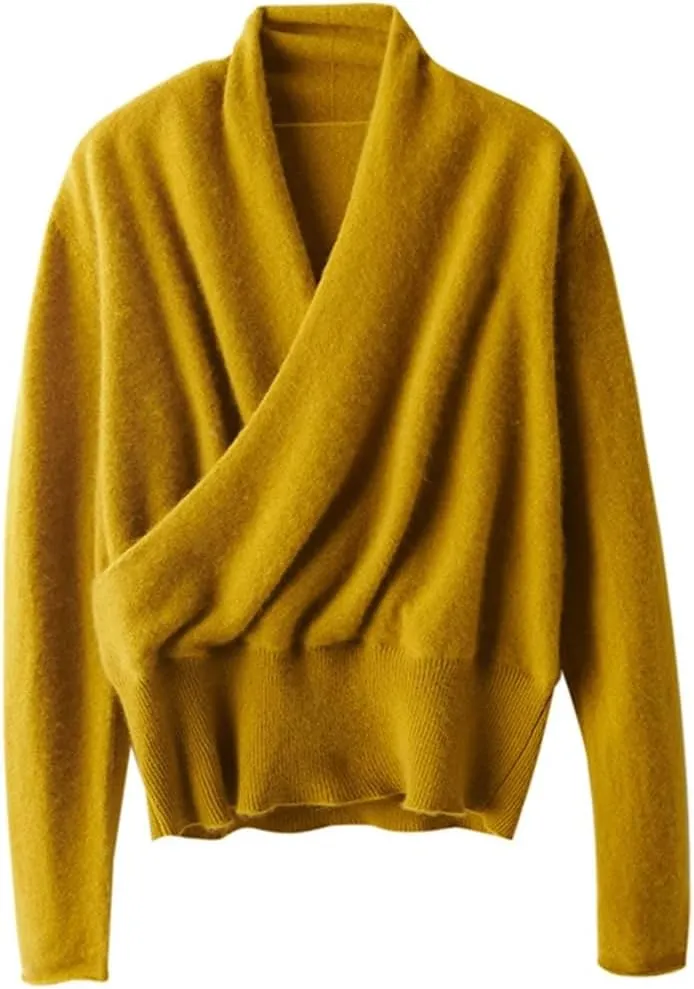 Wvapzxx 100% Solid Goat Cashmere Sweater Women V-Neck Knitted Pullover Sweater Winter
