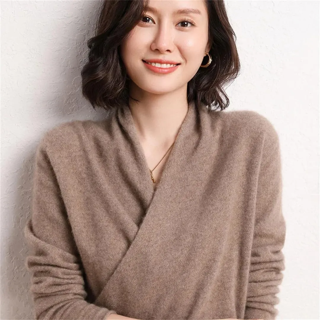 Wvapzxx 100% Solid Goat Cashmere Sweater Women V-Neck Knitted Pullover Sweater Winter