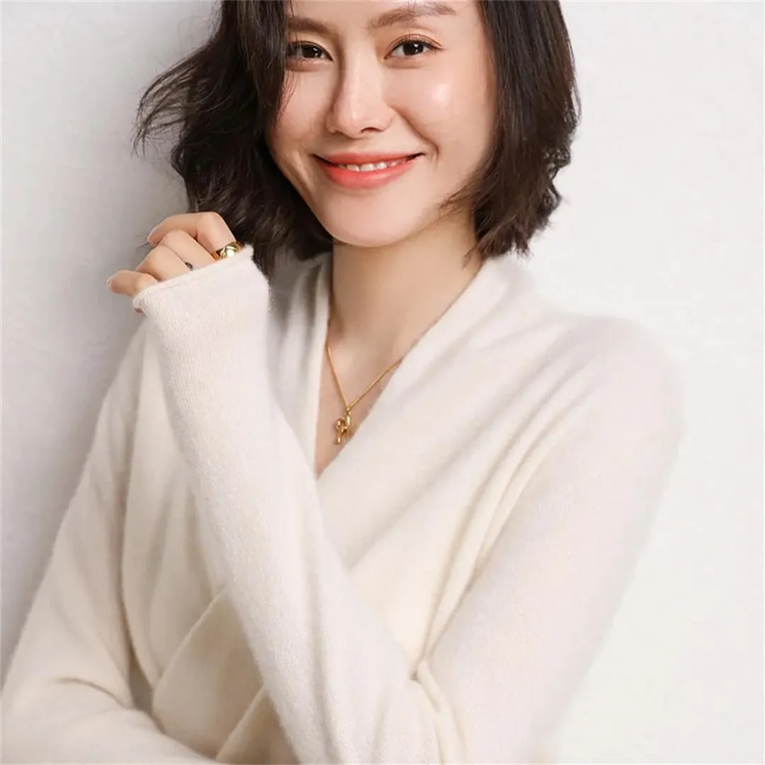 Wvapzxx 100% Solid Goat Cashmere Sweater Women V-Neck Knitted Pullover Sweater Winter