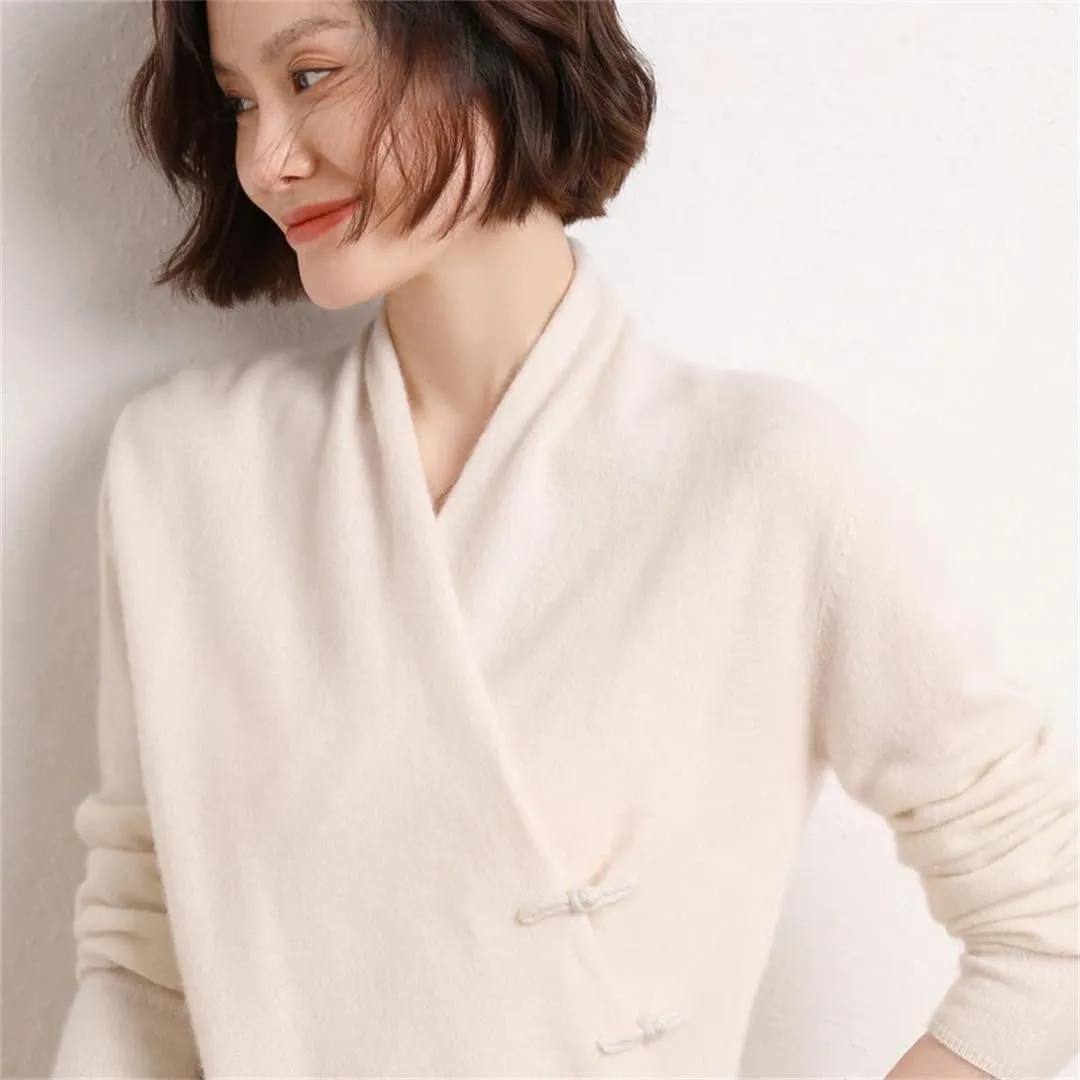 Wvapzxx 100% Solid Goat Cashmere Sweater Women V-Neck Knitted Pullover Sweater Winter
