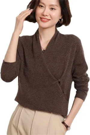 Wvapzxx 100% Solid Goat Cashmere Sweater Women V-Neck Knitted Pullover Sweater Winter