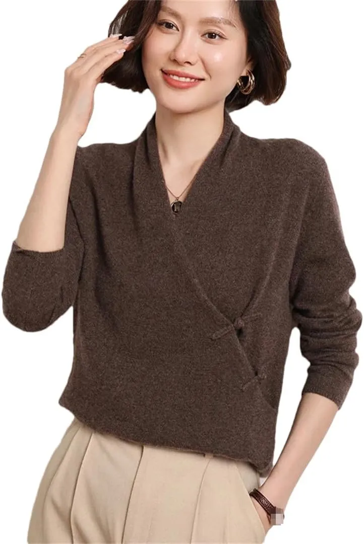Wvapzxx 100% Solid Goat Cashmere Sweater Women V-Neck Knitted Pullover Sweater Winter