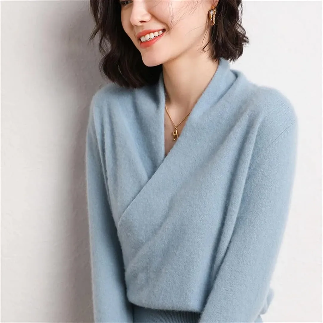 Wvapzxx 100% Solid Goat Cashmere Sweater Women V-Neck Knitted Pullover Sweater Winter