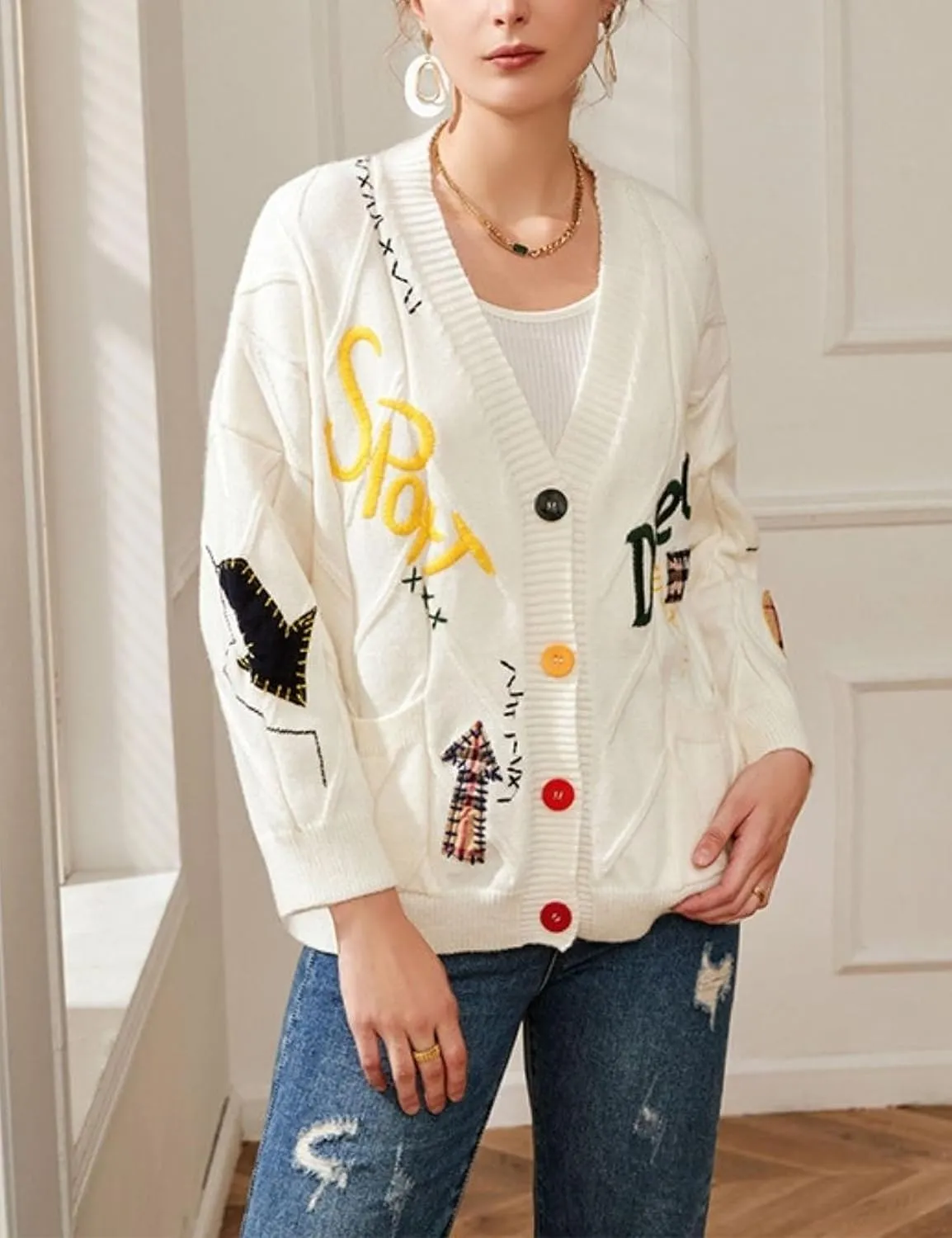 Xunger Women's Embroidered Cardigan Sweater Open Front Button Down Cable Knit Coat with Pockets