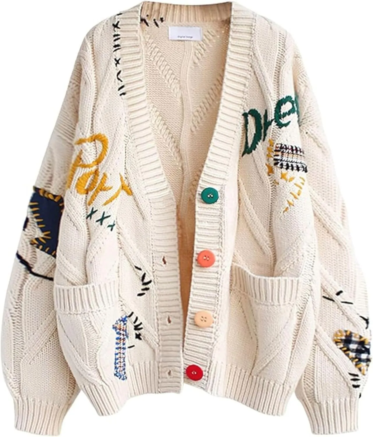 Xunger Women's Embroidered Cardigan Sweater Open Front Button Down Cable Knit Coat with Pockets