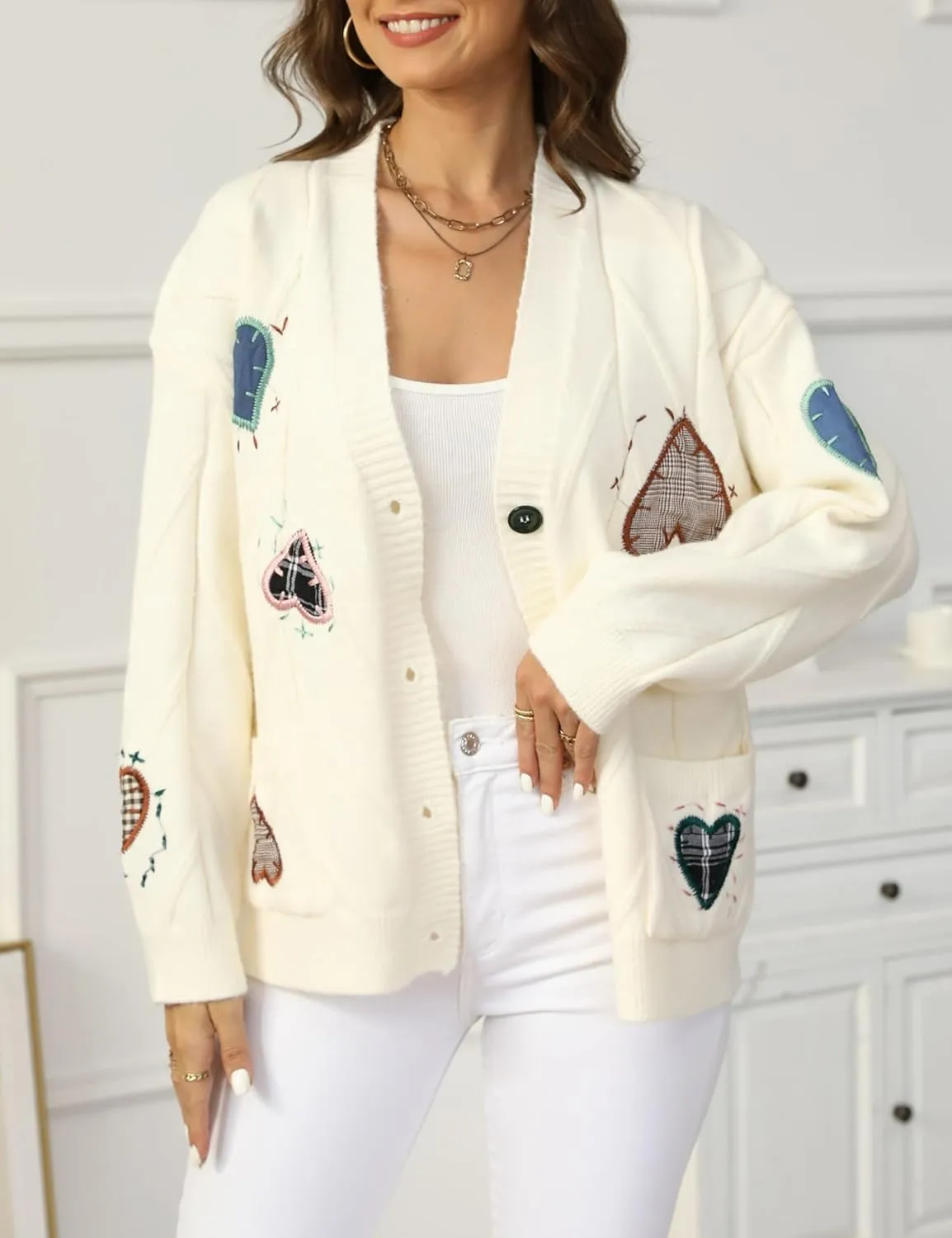 Xunger Women's Embroidered Cardigan Sweater Open Front Button Down Cable Knit Coat with Pockets