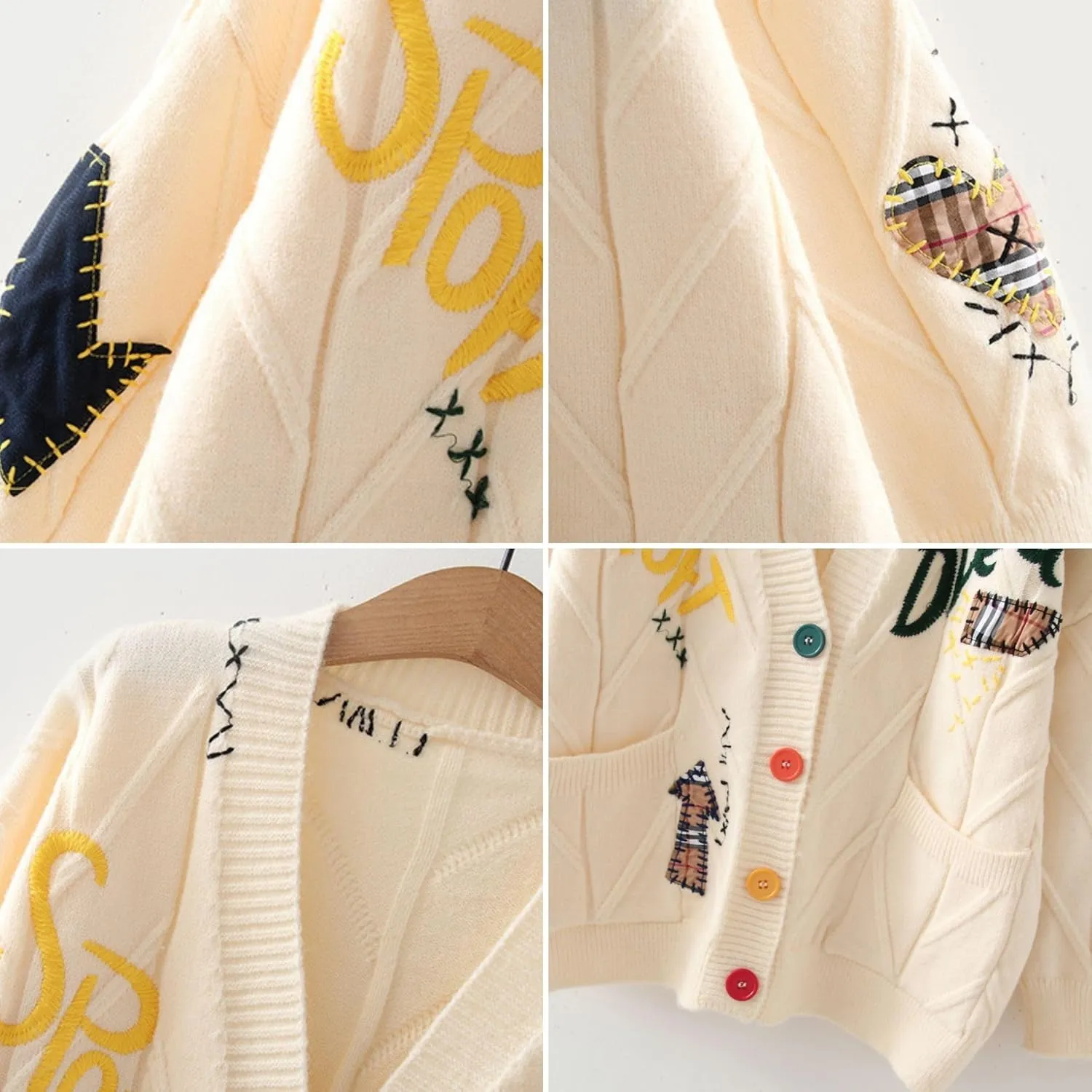 Xunger Women's Embroidered Cardigan Sweater Open Front Button Down Cable Knit Coat with Pockets