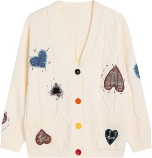 Xunger Women's Embroidered Cardigan Sweater Open Front Button Down Cable Knit Coat with Pockets
