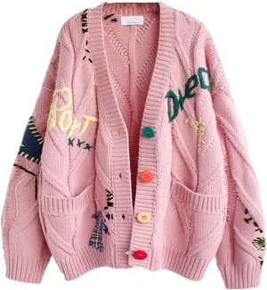yoeasy Women's Embroidery V Neck Knit Cardigan Sweater Loose Open Front Button Down Long Sleeve Sweater