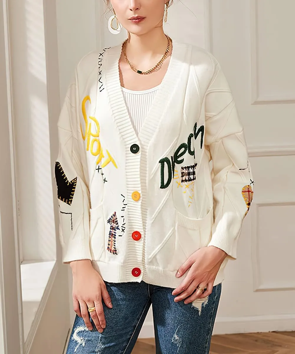 yoeasy Women's Embroidery V Neck Knit Cardigan Sweater Loose Open Front Button Down Long Sleeve Sweater
