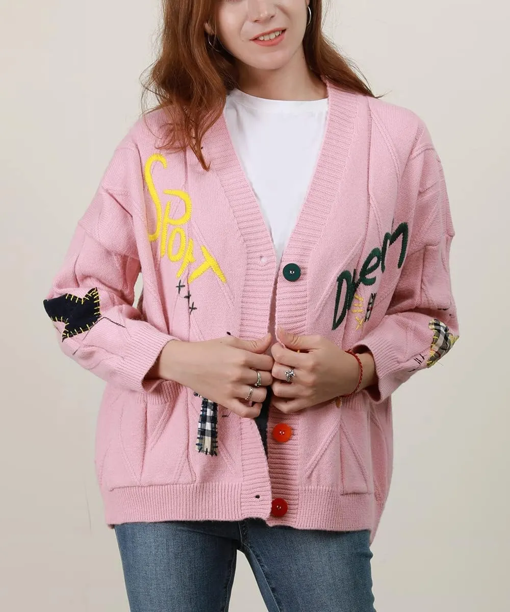 yoeasy Women's Embroidery V Neck Knit Cardigan Sweater Loose Open Front Button Down Long Sleeve Sweater