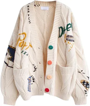 yoeasy Women's Embroidery V Neck Knit Cardigan Sweater Loose Open Front Button Down Long Sleeve Sweater