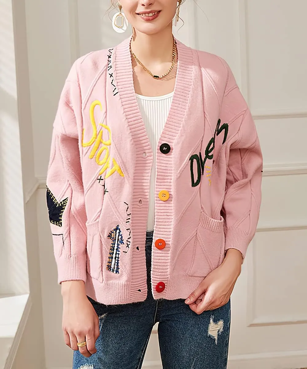 yoeasy Women's Embroidery V Neck Knit Cardigan Sweater Loose Open Front Button Down Long Sleeve Sweater