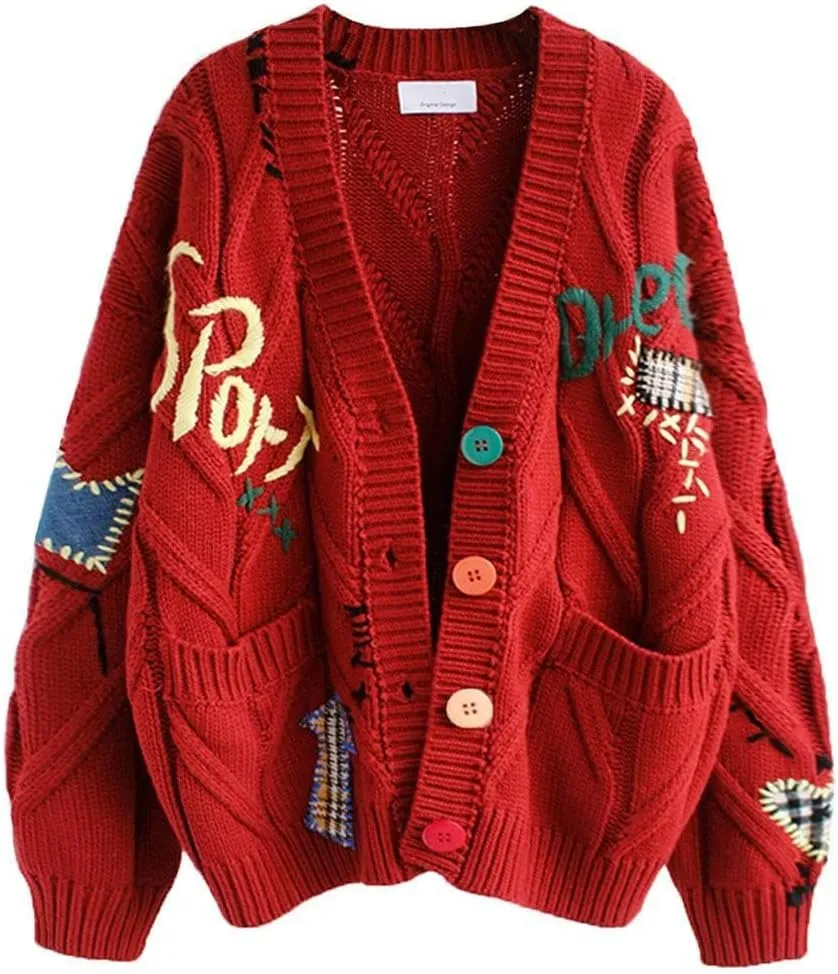 yoeasy Women's Embroidery V Neck Knit Cardigan Sweater Loose Open Front Button Down Long Sleeve Sweater