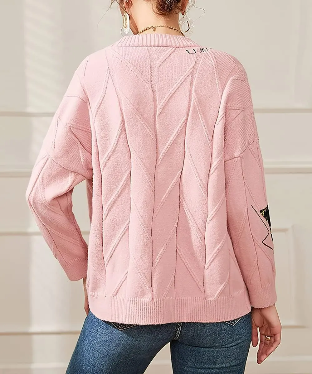 yoeasy Women's Embroidery V Neck Knit Cardigan Sweater Loose Open Front Button Down Long Sleeve Sweater