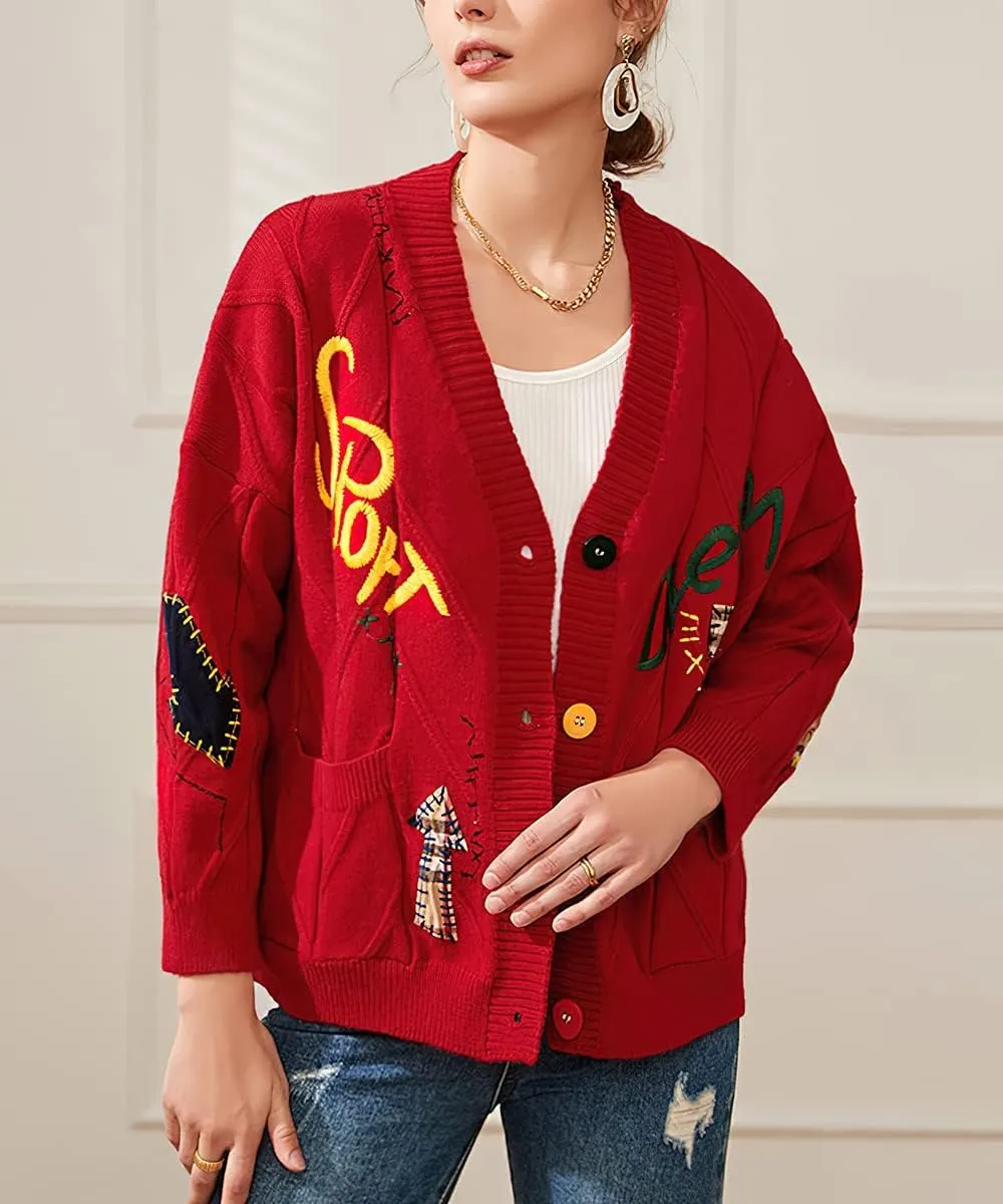 yoeasy Women's Embroidery V Neck Knit Cardigan Sweater Loose Open Front Button Down Long Sleeve Sweater